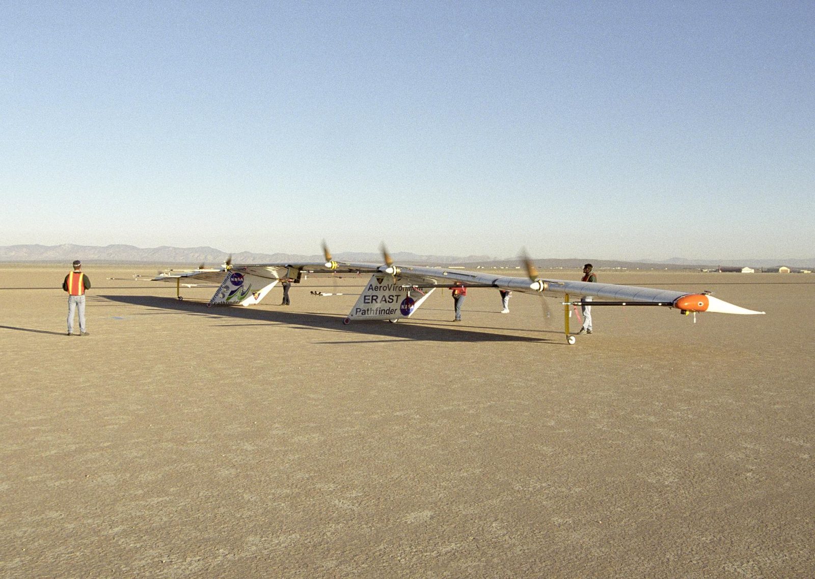 Ground crew checking the Pathfinder-Plus solar aircraft